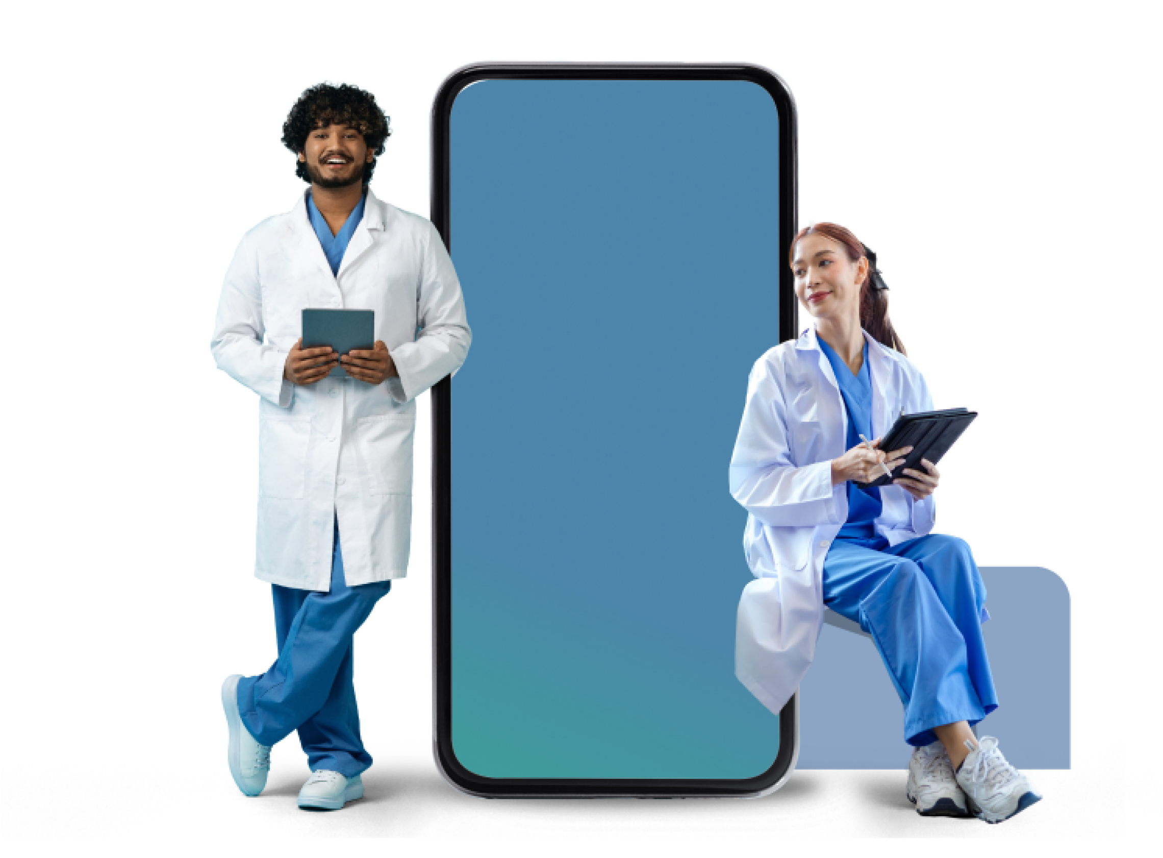 Ein Arzt und eine Ärztin, die neben einem mannshohen Smartphone stehen