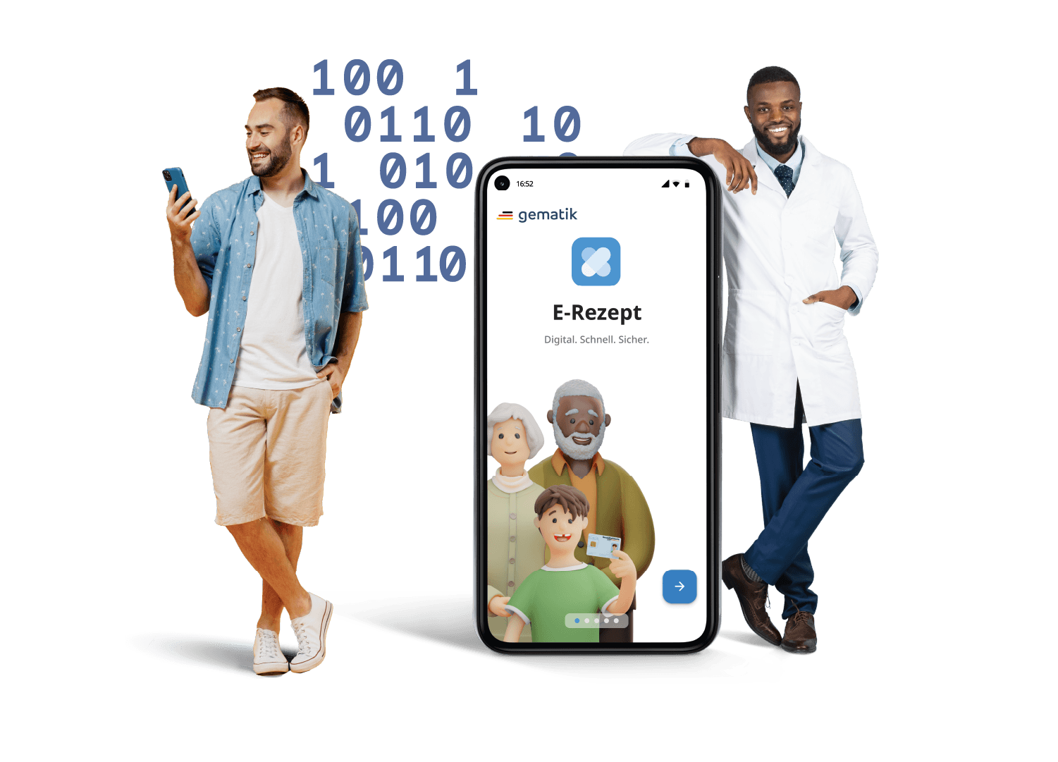 Ein Herr und ein Arzt die neben einem mannshohen Smartphone stehen, auf dem die E-Rezept-App abgebildet ist